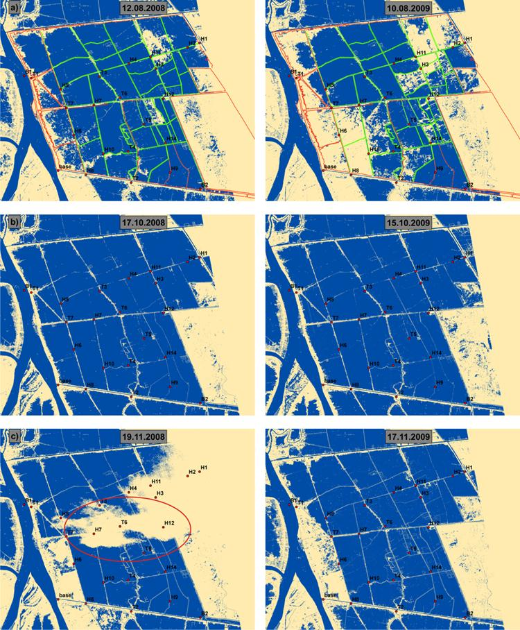 Fig. 3: Inundation maps of the study area derived from TerraSAR-X satellite images during the flood seasons 2008 and 2009